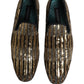 Gold Striped Sequin Embellished Loafer Shoes
