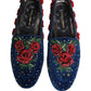 Blue Velvet Floral Slip On Dress Loafers Shoes