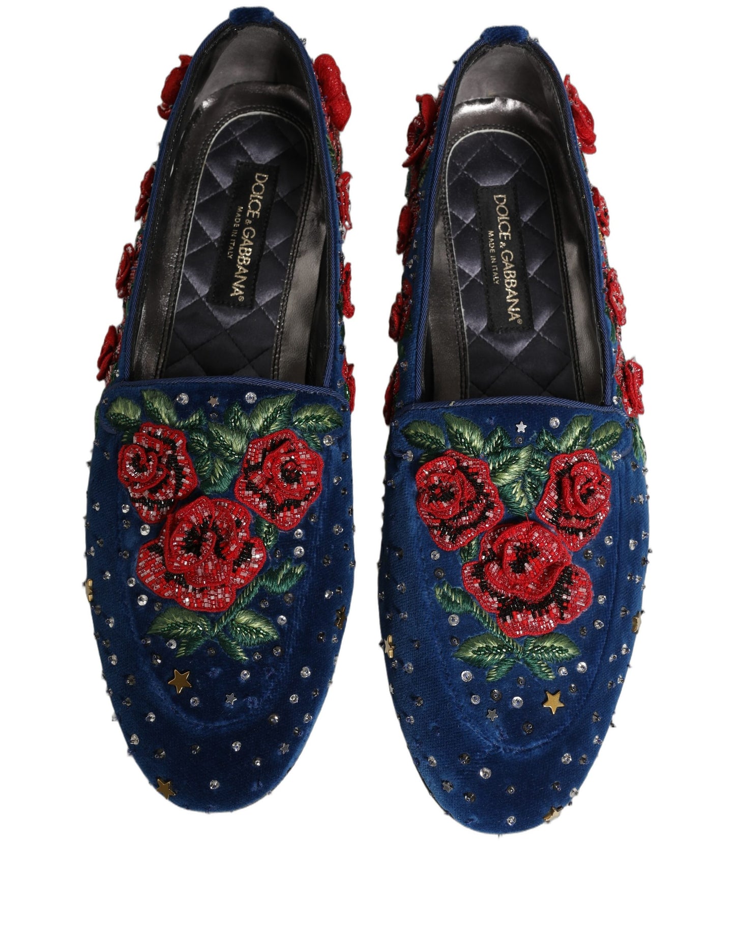 Blue Velvet Floral Slip On Dress Loafers Shoes
