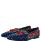 Blue Velvet Floral Slip On Dress Loafers Shoes