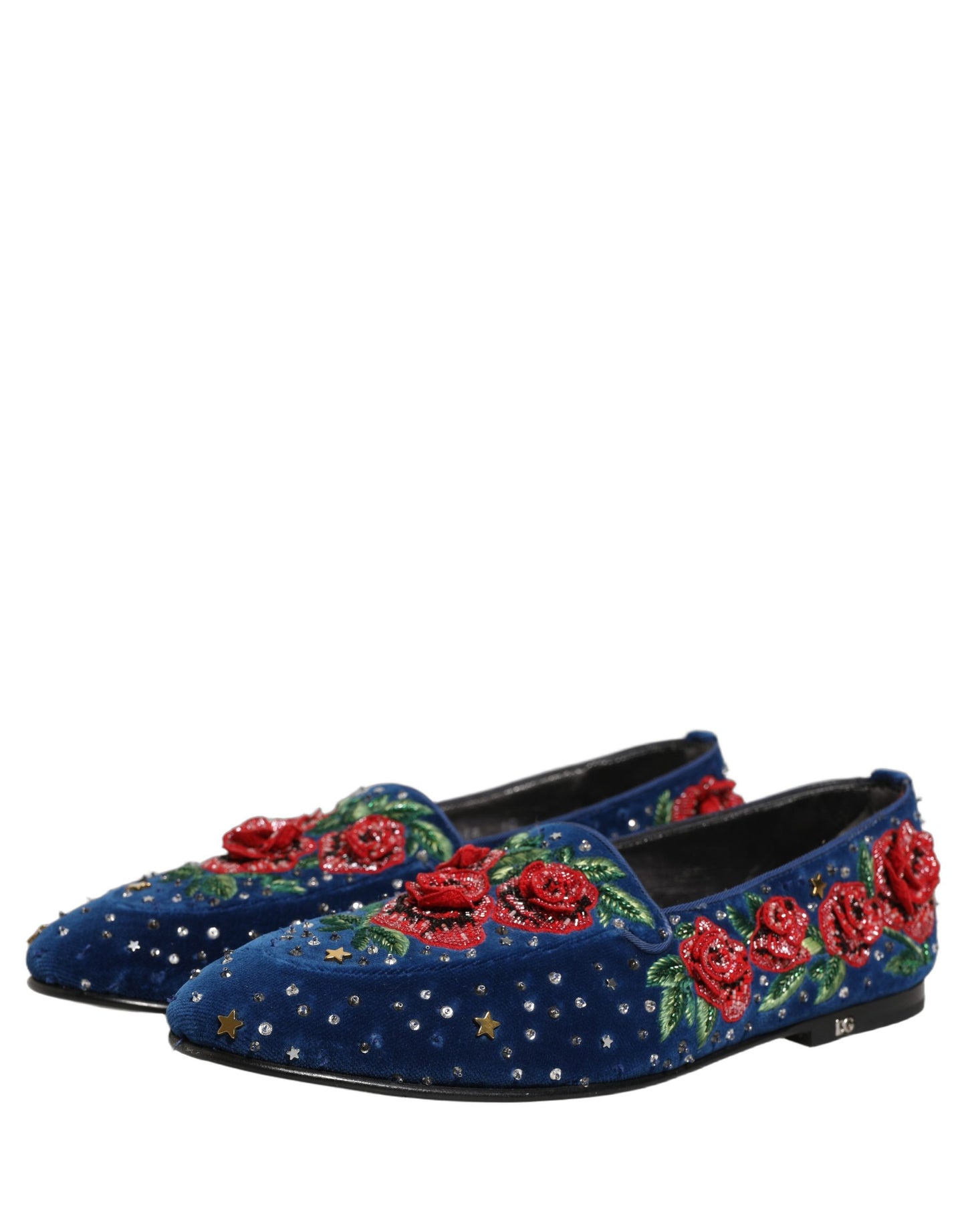 Blue Velvet Floral Slip On Dress Loafers Shoes