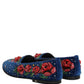 Blue Velvet Floral Slip On Dress Loafers Shoes