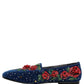 Blue Velvet Floral Slip On Dress Loafers Shoes