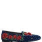 Blue Velvet Floral Slip On Dress Loafers Shoes
