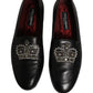 Black Leather Crown Embellished Loafers Shoes