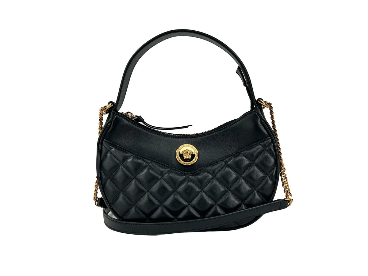 Versace Quilted Black Leather Half Moon Chain Crossbody Bag