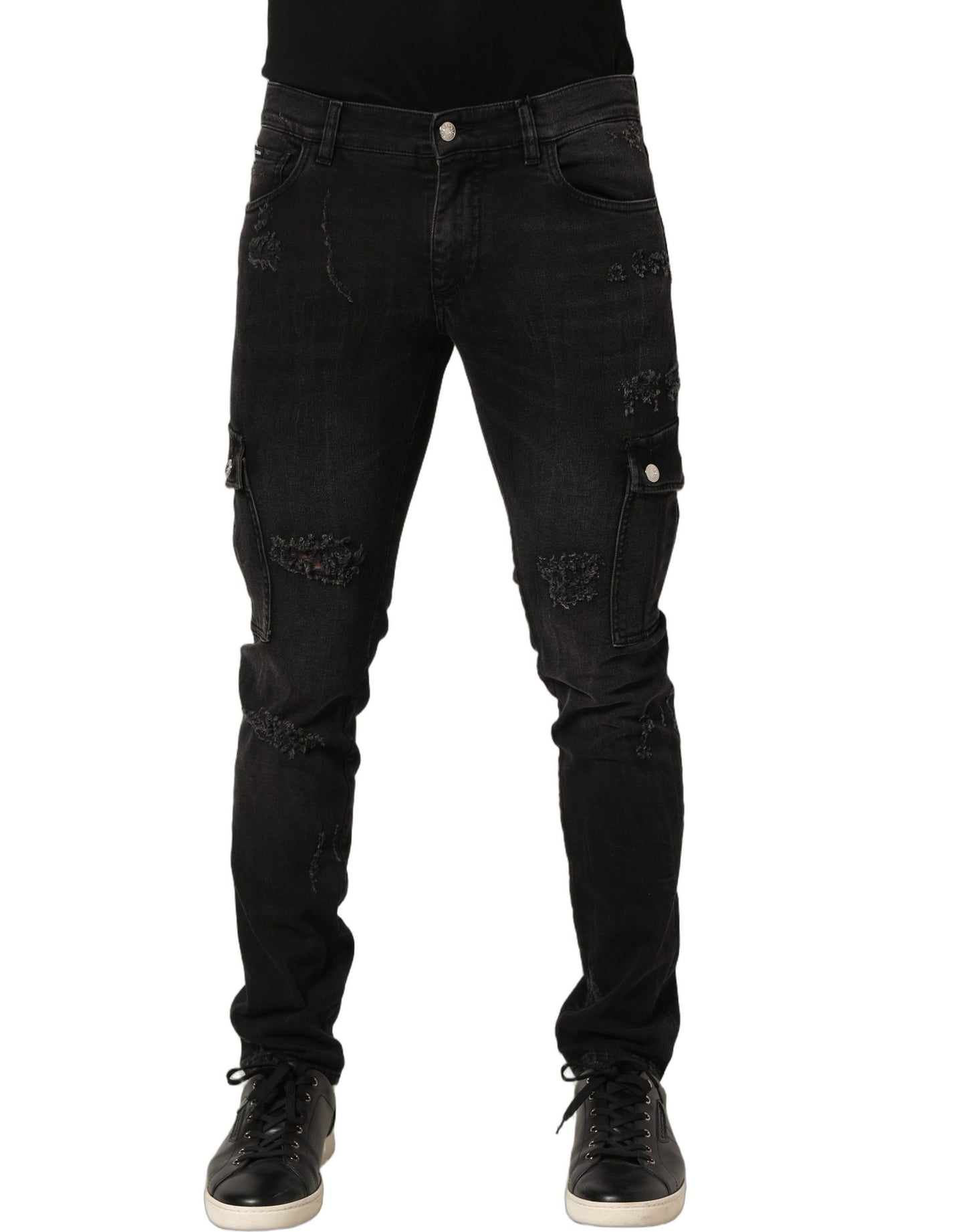 Black Distressed Cargo Cotton Men Denim Jeans