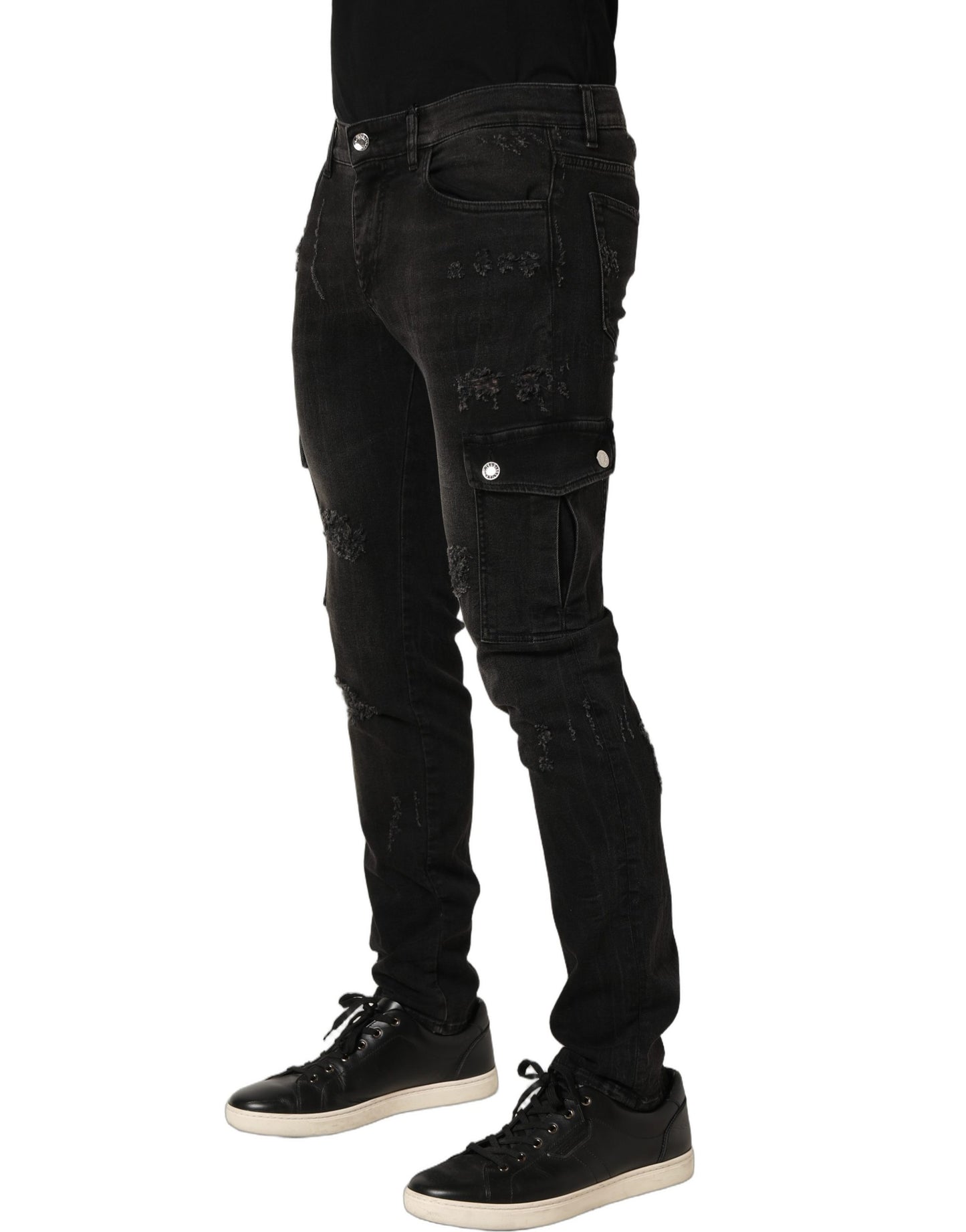 Black Distressed Cargo Cotton Men Denim Jeans