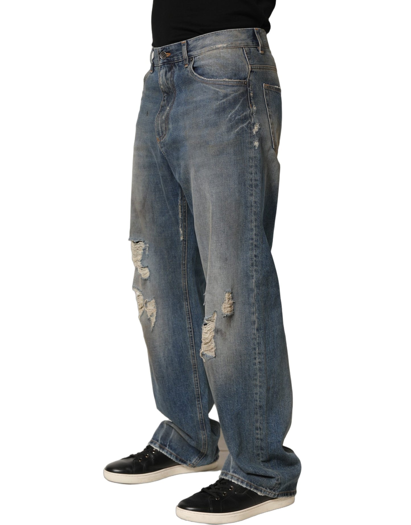 Blue Cotton Distressed Straight Denim Jeans