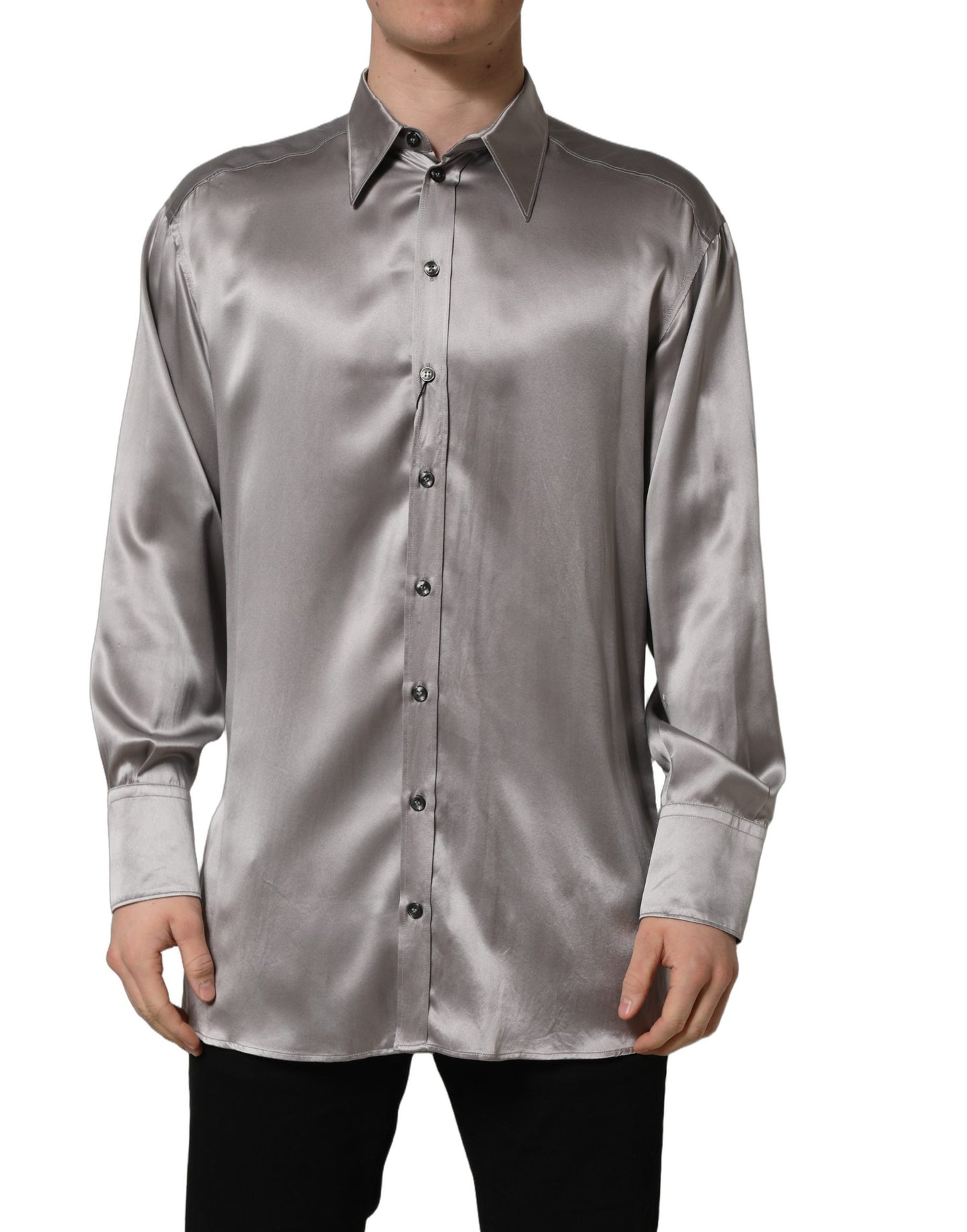 Metallic Grey Satin Silk Formal Dress Shirt