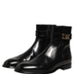 Black Leather Logo Buckle Mid Calf Boots Shoes