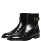 Black Leather Logo Buckle Mid Calf Boots Shoes