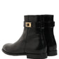 Black Leather Logo Buckle Mid Calf Boots Shoes