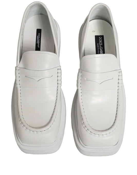 White Leather Chunky Sole Slip On Derby Shoes