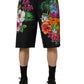 Black Cotton Tropical Floral Bermuda Shorts