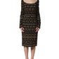 Black Key Print Long Sleeves Sheath Midi Dress
