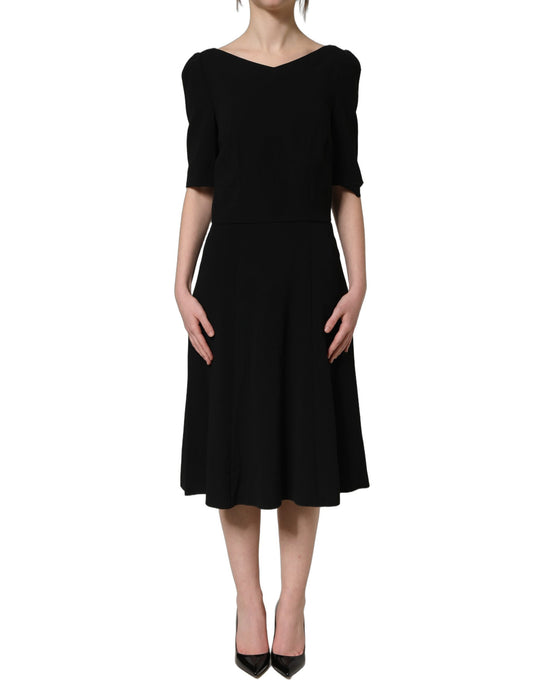 Black Viscose Short Sleeve A-line Midi Dress