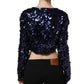 Blue Sequined Long Sleeves Crop Blouse Top