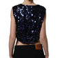 Blue Sequined Sleeveless Cropped Tank Top