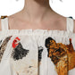White Rooster Print Poplin Off The Shoulder Top