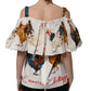 White Rooster Print Poplin Off The Shoulder Top
