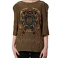 Brown Keys Roses Printed Silk Blouse Top