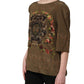 Brown Keys Roses Printed Silk Blouse Top