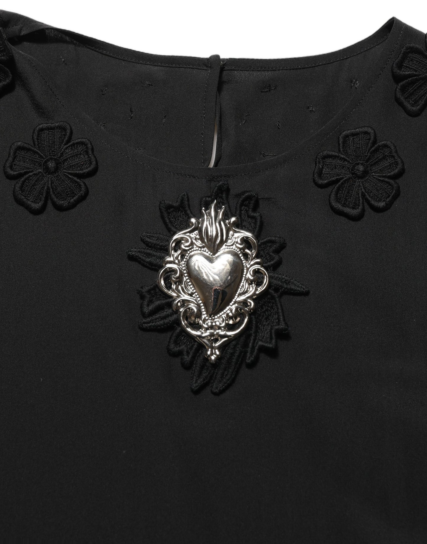 Black Floral Silk Heart Appliqué Blouse Top