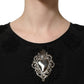 Black Floral Silk Heart Appliqué Blouse Top
