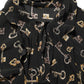 Black Keys Print Silk Tie Neck Blouse Top
