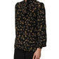 Black Keys Print Silk Tie Neck Blouse Top