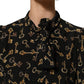 Black Keys Print Silk Tie Neck Blouse Top