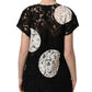 Black White Floral Lace Short Sleeve Blouse Top