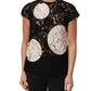 Black White Floral Lace Short Sleeve Blouse Top