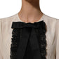 Beige Lace Trim Bow Short Sleeves Blouse Top