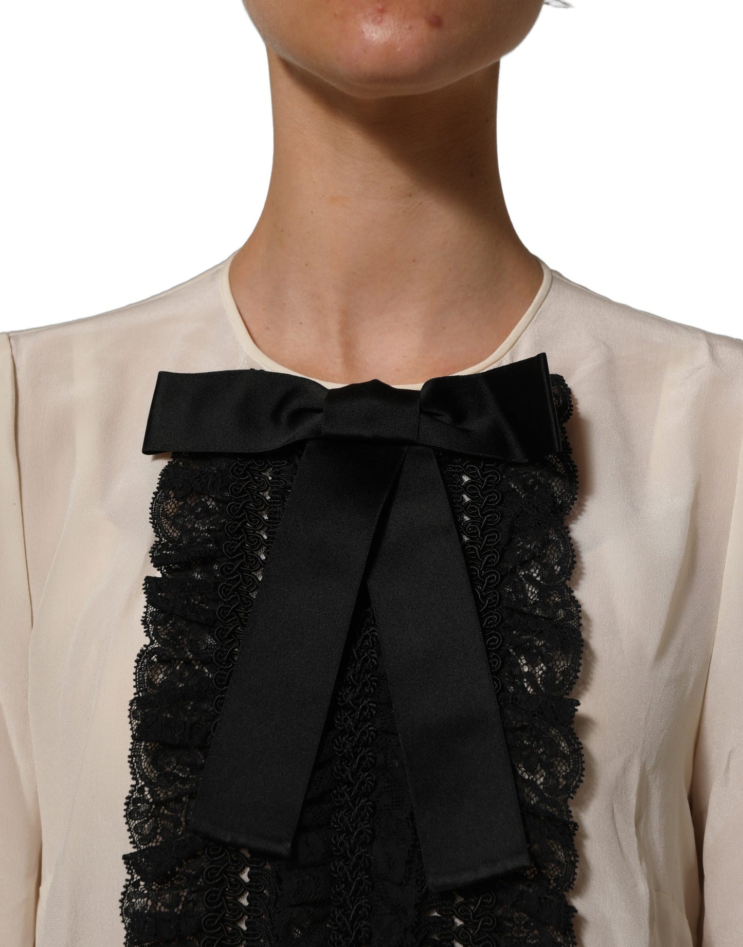 Beige Lace Trim Bow Short Sleeves Blouse Top