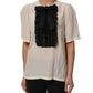 Beige Lace Trim Bow Short Sleeves Blouse Top