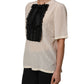 Beige Lace Trim Bow Short Sleeves Blouse Top