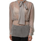Gray Sheer Silk Chiffon Shirt Bow Collar Top