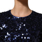 Blue Sequined Long Sleeves Crop Blouse Top
