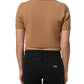 Brown Wool Short Sleeves Cropped Blouse Top