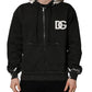 Black Cotton Logo Hooded Full Zip Sweater