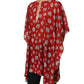 Red Floral V-neck Polyester Kaftan Blouse Top