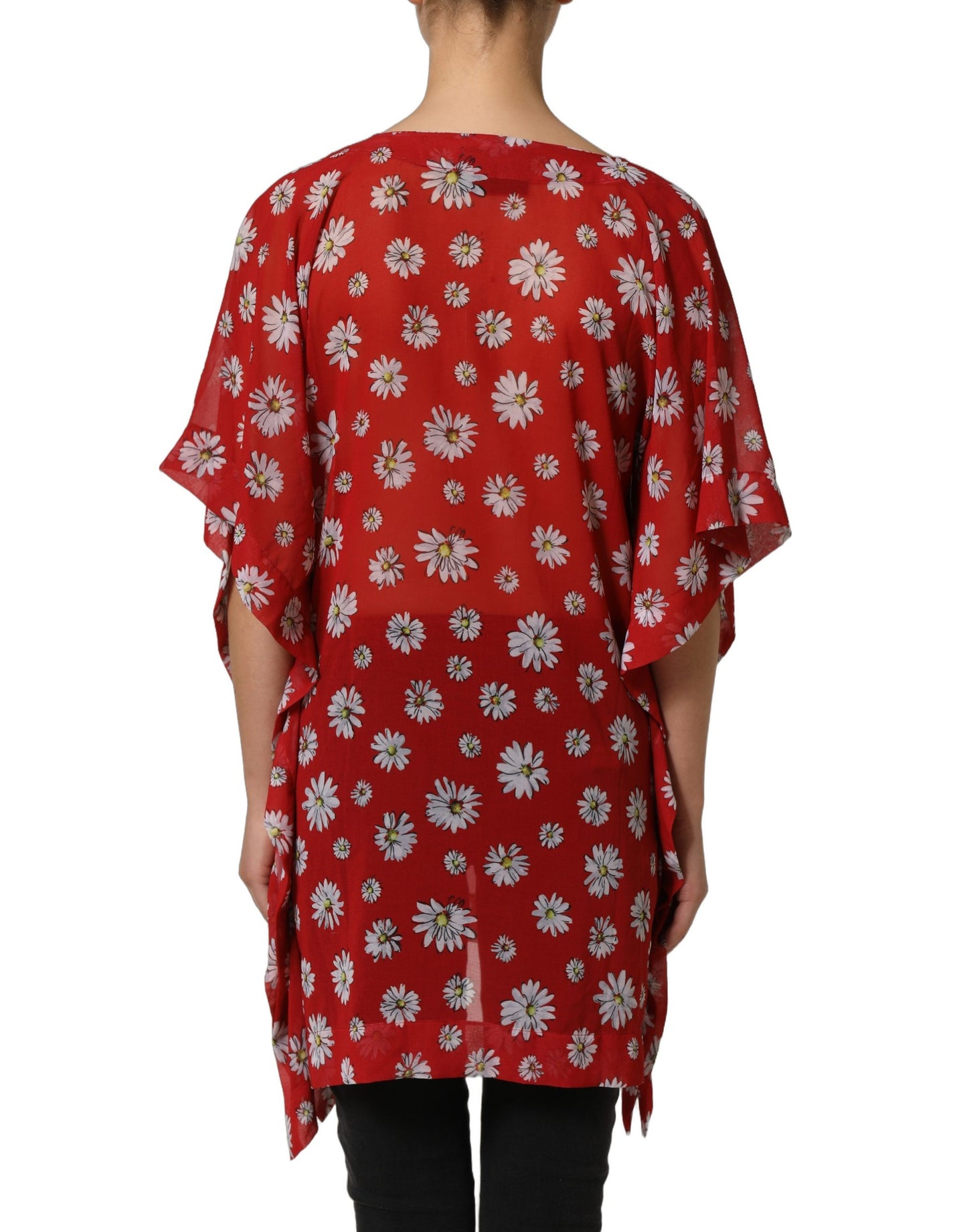 Red Floral V-neck Polyester Kaftan Blouse Top