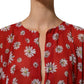 Red Floral V-neck Polyester Kaftan Blouse Top