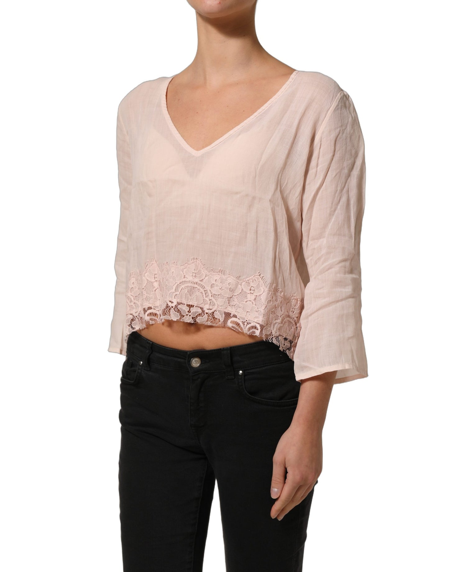 Light Pink Linen V-Neck Long Sleeves Blouse Top