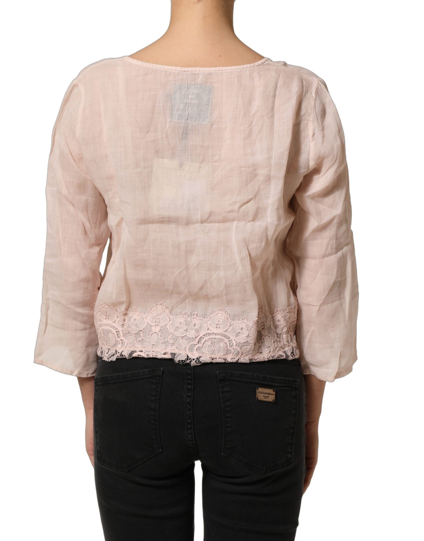Light Pink Linen V-Neck Long Sleeves Blouse Top