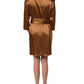 Brown Satin Acetate Wrap Sheath Mini Belted Dress
