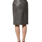 Gray Leather High Waist Pencil Cut Midi Skirt
