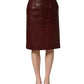 Burgundy Leather High Waist Pencil Midi Skirt